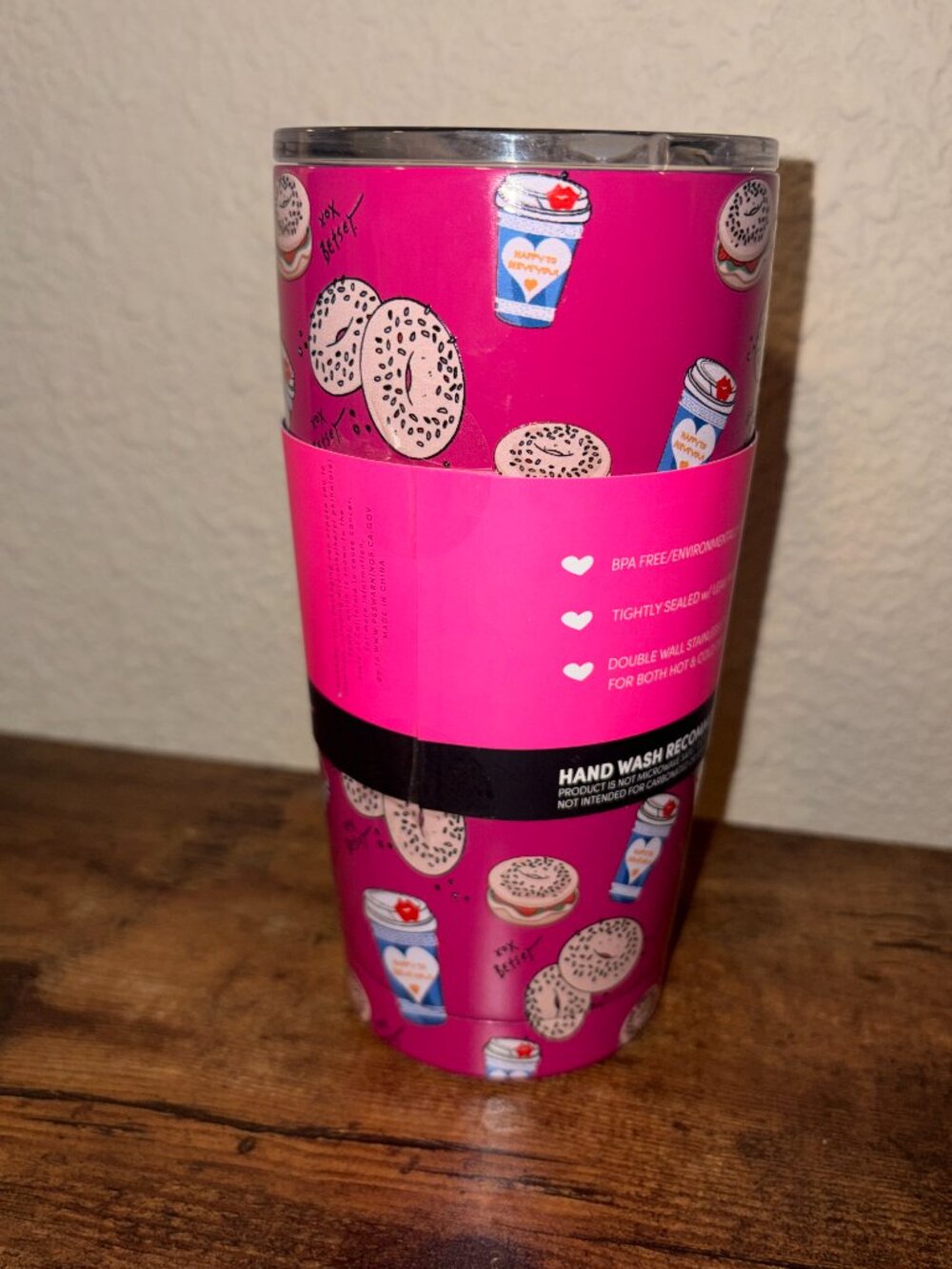 Betsey Johnson Pink Bagel Coffee Tumbler Stainless Steel Insulated 17 oz Travel - Picture 3 of 6